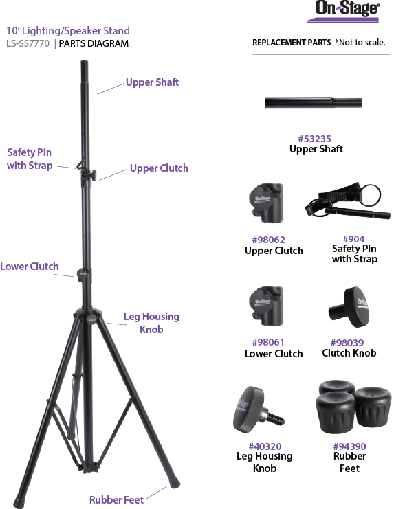 ON STAGE LS-SS7770 Tripie de aluminio 1 3/8", Altura maxima de 3.04 metros,  El poste y el adaptador para altavoz se pueden adaptar a altavoces con conectores de montaje de 1 3/8" o 1 1/2".  altura ajustable de 117 a 304 cm.  soporta hasta 63.5 kg.