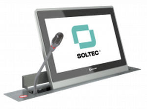 Monitor retráctil motorizado SOLTEC SRET215G-15 de 21.5 pulgadas con micrófono integrado para salas de conferencias