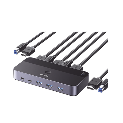 Conmutador KVM HDMI 4K | HDMI 2.0 | 2 Entradas 1 Salida | 4 Puertos USB 3.0 (3 USB-A *1 USB-C) | Soporta 4K@60Hz | HDR | Indicador Led | Compatible Win, MacOs y Linux | Carcasa de Aluminio.