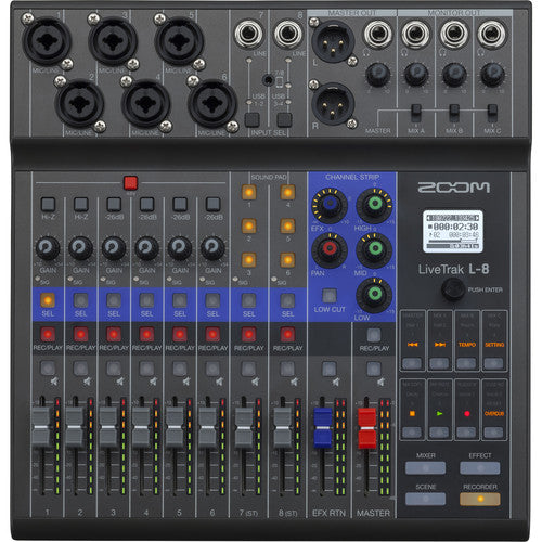 ZOOM LiveTrak L-8 Mezclador digital portátil de 8 canales y grabador multipista, 6 entradas de micrófono/línea, 4 salidas de auriculares, Grabación multipista mediante tarjeta SD y USB, 6 pads programables para sonidos y música
