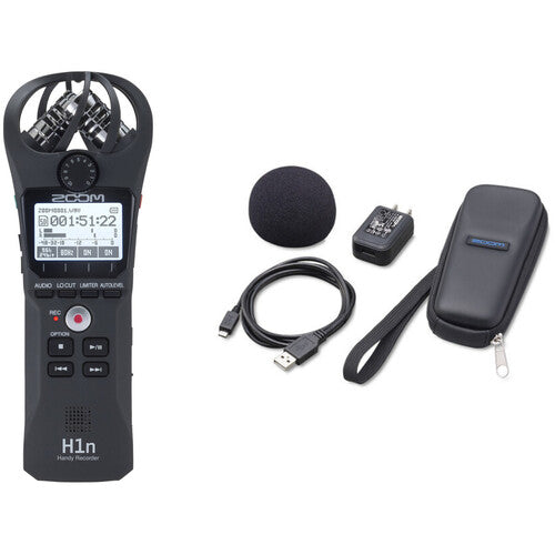 ZOOM H1n Kit de grabadora de audio, con pantalla antiviento, adaptador de CA, cable USB y estuche (negro)