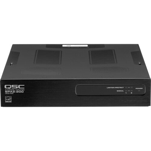 QSC SPA2-200 Amplificador de potencia de 2 canales (200W), clase D,  Operación de 4 y 8 Ohmios + 70/100V, Incluye orejas para rack + soportes de montaje