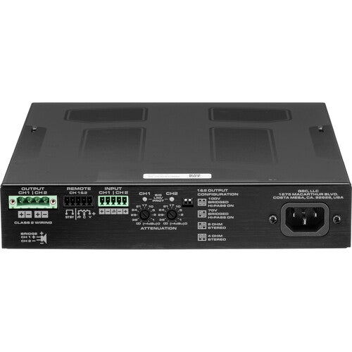 QSC SPA2-200 Amplificador de potencia de 2 canales (200W), clase D,  Operación de 4 y 8 Ohmios + 70/100V, Incluye orejas para rack + soportes de montaje