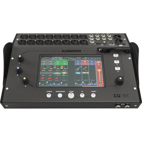 ALLEN & HEATH CQ18-T es la mesa de mezcla digital más potente de la serie CQ. Ofrece 16 entradas de micrófono/línea, procesamiento a 96kHz y una interfaz táctil de 7" con control Wi-Fi. Perfecta para locales, giras pequeñas y producción de eventos en vivo