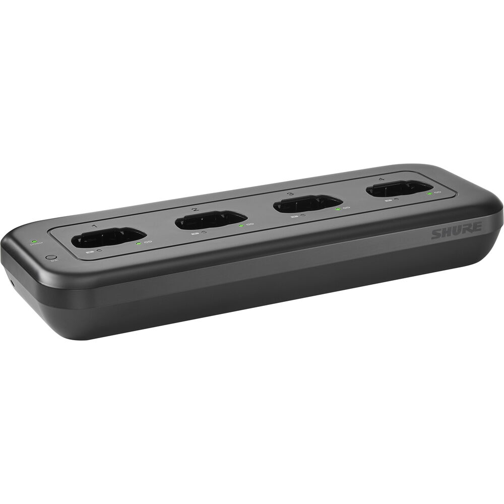 SHURE MXWNDX4 Estación de carga en red de 4 bahías para transmisores de micrófono inalámbricos de bolsillo, de mano y de superficie MXW neXt