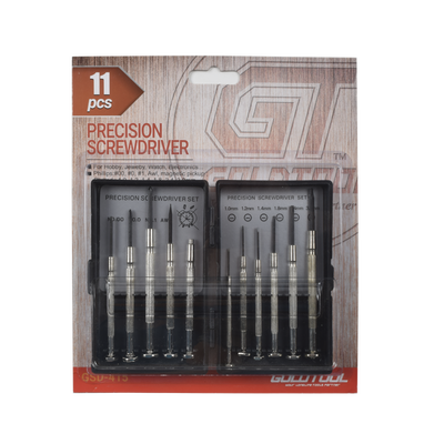 Juego de 11 Mini-desarmadores de Precisión; 6-Planos, 3-Phillips, 1-Punzón y 1-Magneto, almacenados en estuche de plástico.