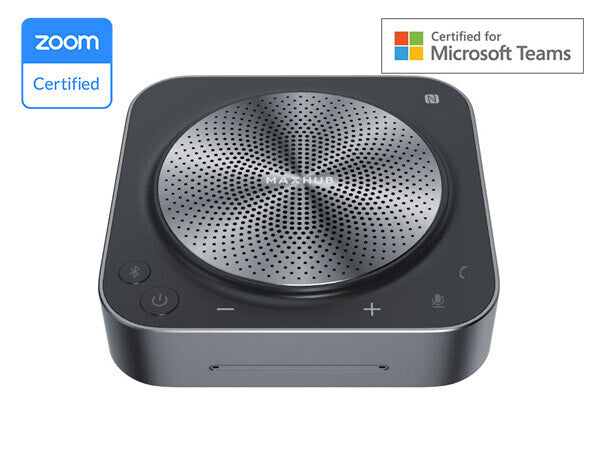 Altavoz Bluetooth MAXHUB BM35 para conferencias en color gris oscuro, diseño circular premium con botones táctiles y matriz de 8 micrófonos.