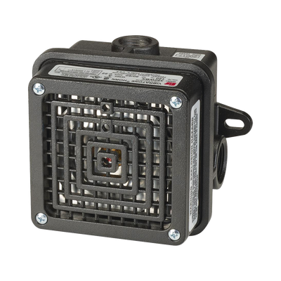 Bocina para lugares peligrosos Vibratone® con carcasa para exteriores Tipo 4X, Certificado CSA Listado por UL y cUL para Clase I, División 2, Grupos A, B, C y D; Clase II, División 2, Grupos F y G; Clase III, 120 VCA, Color Negra