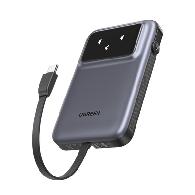 Power Bank Serie Uno | 10000mAh | 30W | con Cable USB-C Incorporado | 2 Salidas 30W Max. | Pantalla Inteligente | Carcasa Ignifuga | Aprobado por Aerolíneas.| Color Grey.