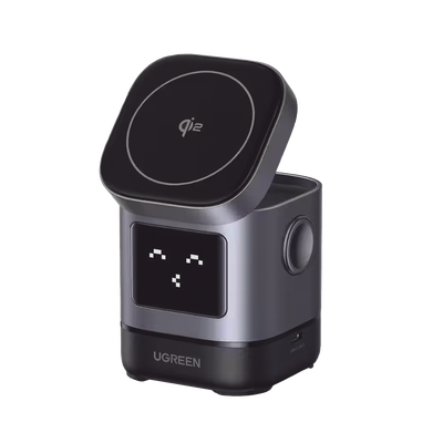 Cargador Inalámbrico Robot 2 en 1 UGREEN Qi2 / 15W Ultra Rápido para iPhone / 5W para AirPods / Pantalla Inteligente con Expresiones / Imanes N48H / Puerto USB-C 5W para Apple Watch / Compatibilidad MPP