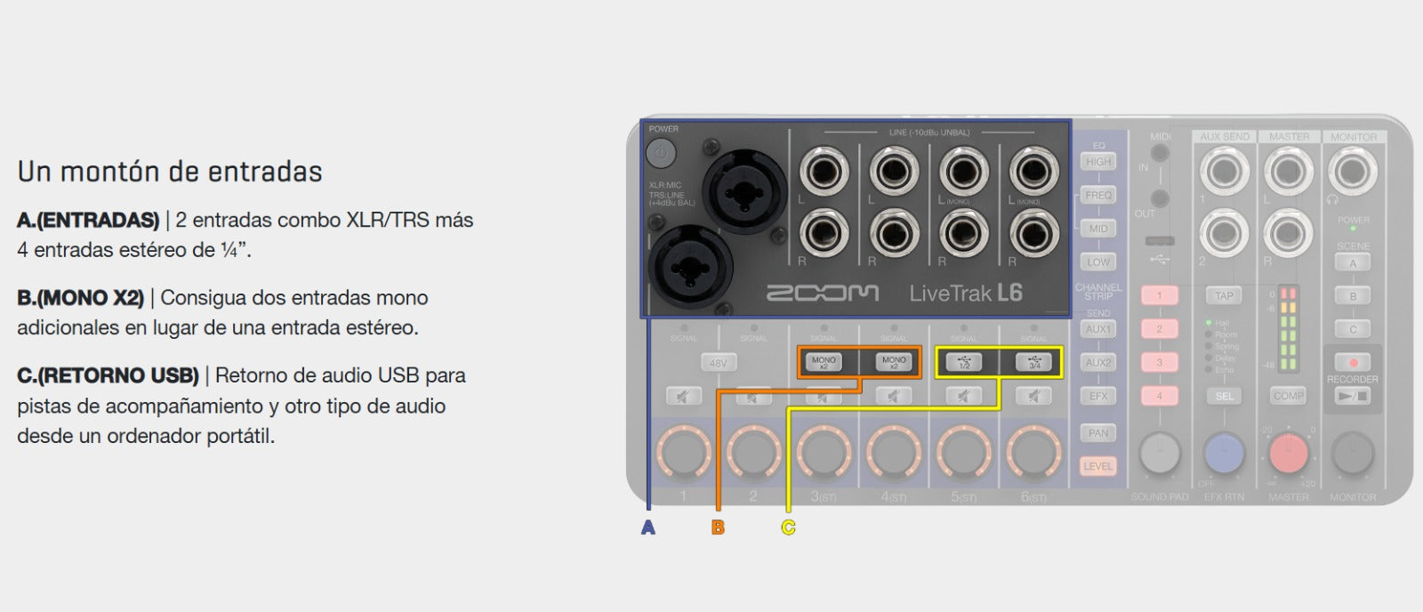 ZOOM ZL6 Mezclador Digital de 10 Canales y Grabadora Multipista 32-bit Float | Interfaz de Audio USB 12 Entradas/4 Salidas, MIDI y Efectos Integrados | Consola Compacta para Podcast, Música y Eurorack | Grabación 12 Pistas en Micro SD y Alimentación USB