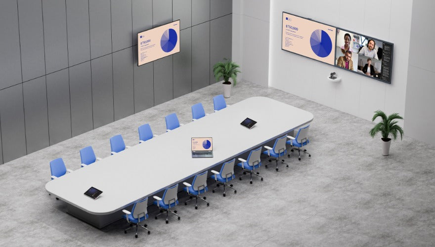 MAXHUB XCore Kit Pro es una solución para reuniones en Salas de Microsoft Teams diseñada para espacios de reuniones de medianos a grandes. Incluye un panel de control táctil y un mini PC con doble salida de pantalla y contenidos compartidos,