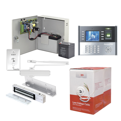 Sistema Completo de Acceso, Incluye Lector Biometrico ICLOCK990, Chapa magnética con bracket, Cierra puerta, Botón de Salida, Cable " Gratis ", y fuente profesional con Batería