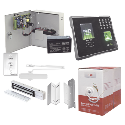 Sistema Completo de Acceso Y asistencia, Incluye Lector Biometrico MB160ID, Chapa magnética con bracket, Cierra puerta, Botón de Salida, Cable " Gratis ", y fuente profesional con Batería