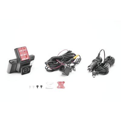 Cámara de Tablero / Cámara Frontal de 4 Megapixel (2K) y Trasera de 2 Megapixel (1080p) / Entrada de alarma para cambio a cámara de reversa / H.265 / Pantalla Táctil 3" / WiFi / G-Sensor / Micrófono y Bocina Integr