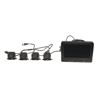 Sistema de Monitoreo Local / 4 Cámaras 1080p para Exterior (IP68) y Pantalla LCD de 7" a Color / Memoria Micro SD de 64 GB (Expandible a 512 GB) / Soporta Cambio de Cámara al Dar Reversa al Vehiculo / Accesorios de Instalación