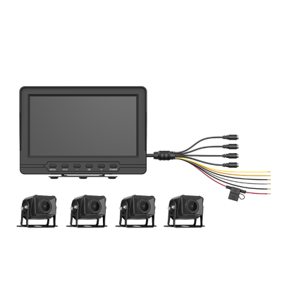 Sistema de Monitoreo Local / 4 Cámaras 1080p para Exterior (IP68) y Pantalla LCD de 7" a Color / Memoria Micro SD de 64 GB (Expandible a 512 GB) / Soporta Cambio de Cámara al Dar Reversa al Vehiculo / Accesorios de Instalación