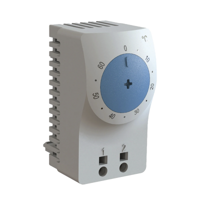 Termostato/Interruptor Para Control de Temperatura en Grados Fahrenheit, Para Uso con Ventiladores, Con Terminales de Conexión, y Clip para Riel Din de 35 mm, Color Gris Claro