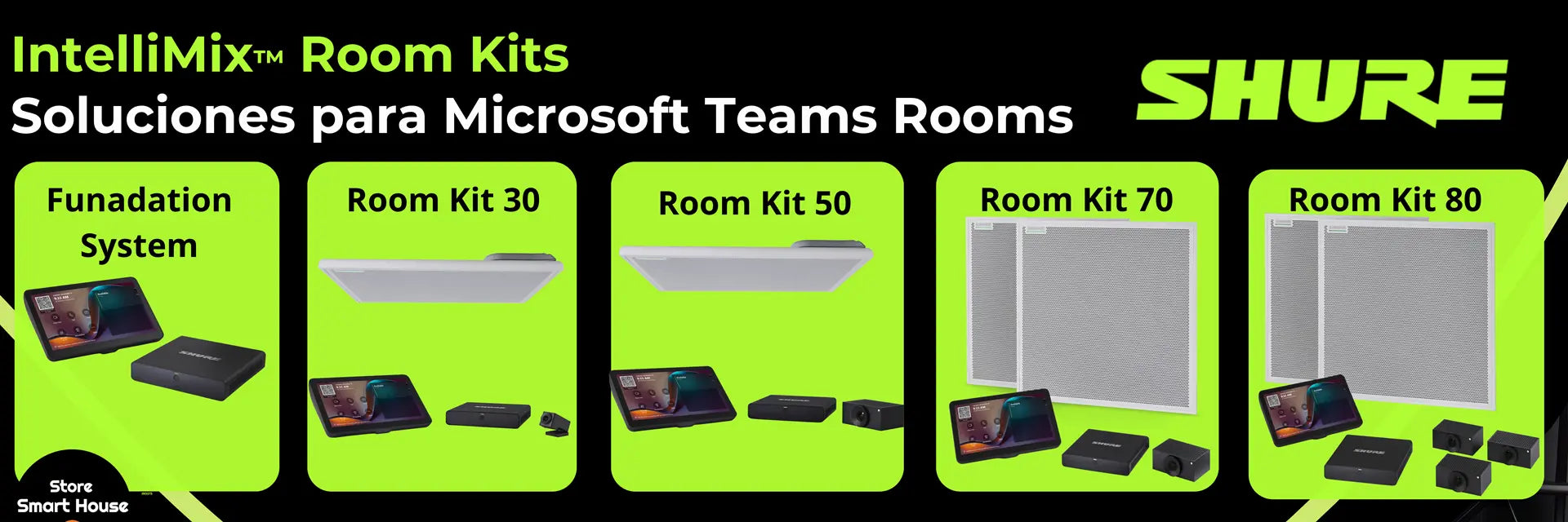 "Kit de conferencia Shure IntelliMix Room que incluye micrófono de techo MXA920, altavoz en red y procesador de audio digital en una sala de juntas moderna."