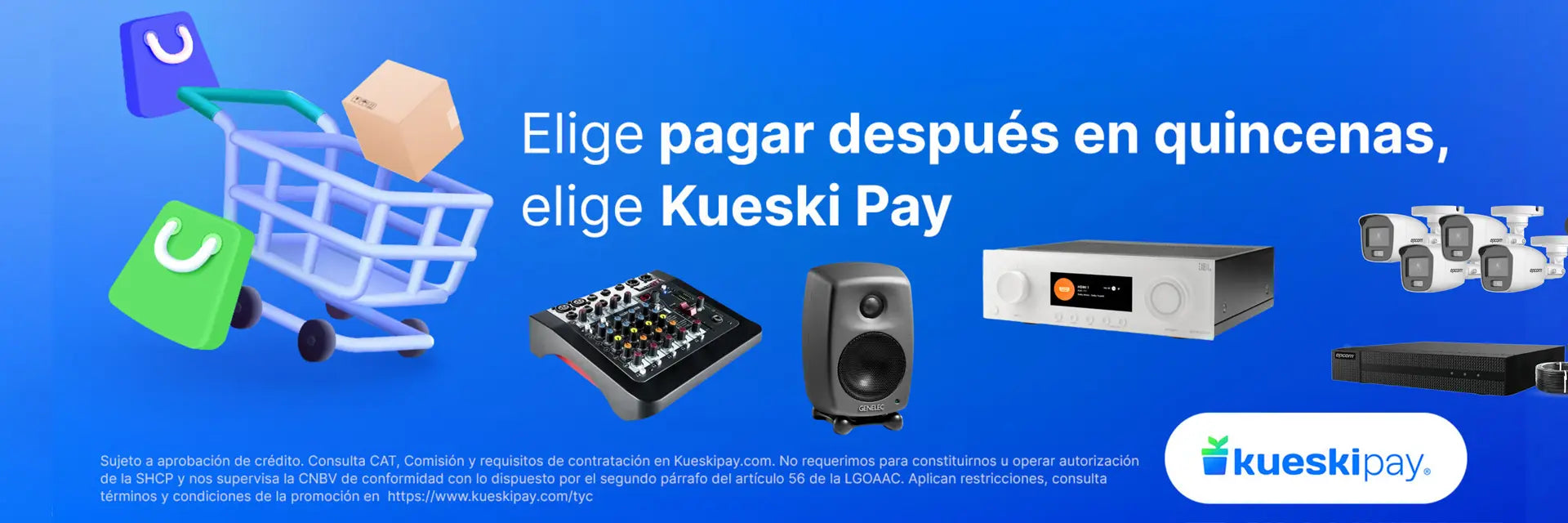 Banner de Store Smart House con Kueski Pay para pagar en quincenas, mostrando un carrito de compras, mezcladora de audio, monitor Genelec, receptor Hi-Fi y cámaras de seguridad CCTV