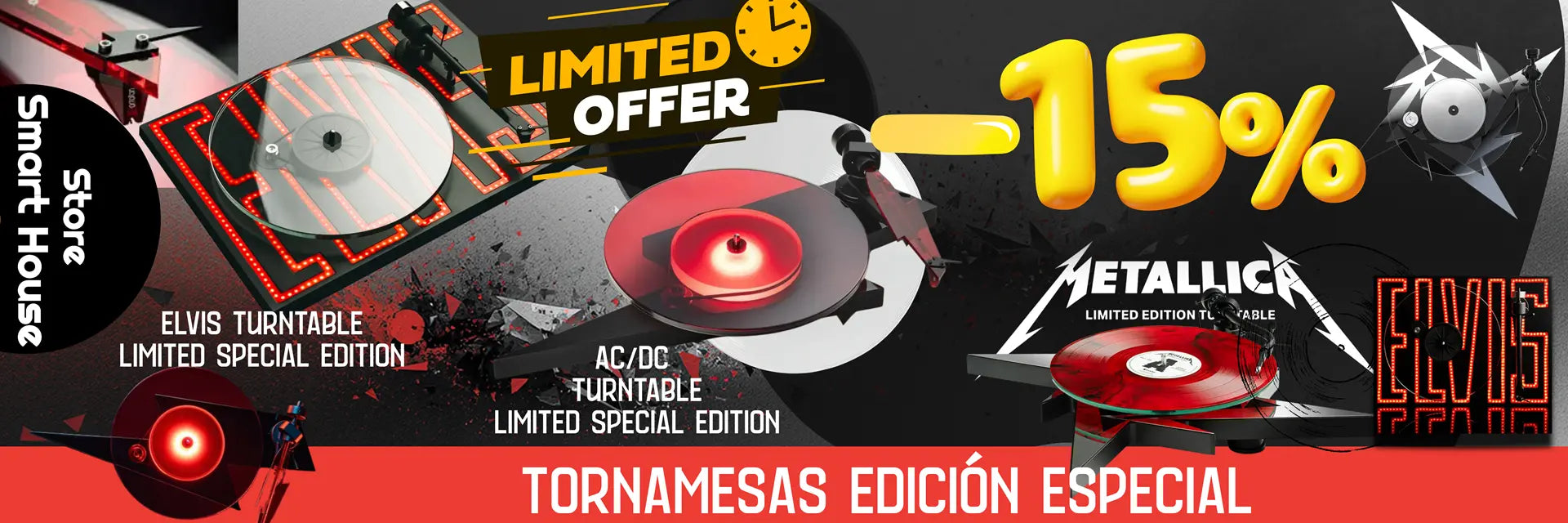 Banner promocional de tornamesas marca Pro-Ject con descuento especial por tiempo limitado en formato horizontal