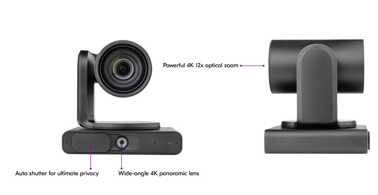 KRAMER KAC-CAM-70 Cámara PTZ Lente dual 4K: dos sensores para una cobertura completa de la sala, Seguimiento de oradores: identifica y rastrea automáticamente. Encuadre automático: ajusta el campo de visión según la cantidad de personas