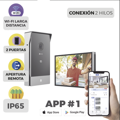 Videoportero IP Conexión a 2 Hilos / Con Monitor Wi-Fi para Interior / Frente de Calle IP65 Uso En Exterior Debe Tener Protección / Cámara 3 Megapíxel / Llamada a la App / Apertura remota / Apertura de 1 Puerta y un 1 Porton