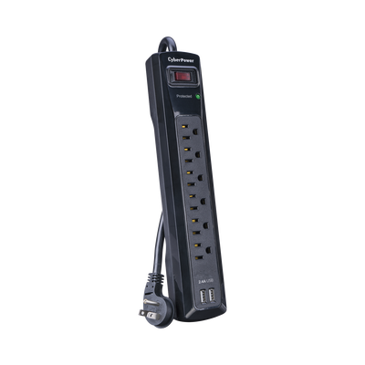 Multicontacto Con Supresor de Picos, Voltaje de Entrada 125 Vca NEMA 5-15P, Con 6 Salidas NEMA 5-15R, 2 Puertos de Carga USB, 1200 Joules