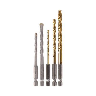 Juego de 5 Brocas con Inserción Hexagonal de 1/4". De concreto: 3/16" y 1/4". Para metal: 1/8", 3/16" y 1/4".
