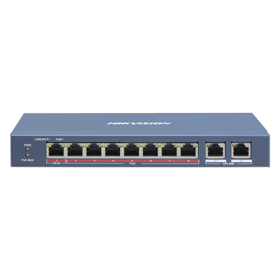 Switch PoE+ / No Administrable / 7 Puertos 10/100 Mbps 802.3 af/at (30 W) / 1 Puerto 10/100 Mbps Hi-PoE (90 W) / 2 Puertos 1000 Mbps Uplink / Modo Extendido hasta 300 Metros / 110 Watts