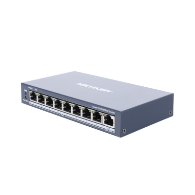 Switch PoE+ / Monitoreable / 8 Puertos 10/100 Mbps PoE+ / 1 Puerto 1000 Mbps de Uplink / Configuración Nube Hik-PartnerPro / Modo Extendido hasta 300 Metros / 110 W