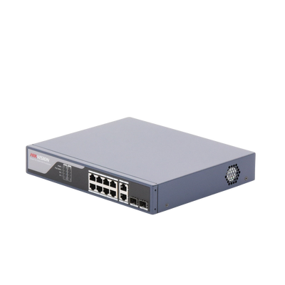 Switch PoE+ / Administrable / Uso en Rack / 8 Puertos 10/100 PoE+ / 2 Puertos 1000 Mbps Uplink / 2 Puertos SFP / Configuración Nube desde Hik-PartnerPro / Modo Extendido hasta 300 Metros / 125 W