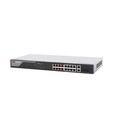 Switch PoE+ / Monitoreable / 16 puertos 10/100 Mbps PoE+ / 2 Puertos 1000 Mbps Uplink / 2 Puertos SFP de Uplink / Configuración Nube Hik-Partner Pro / Modo Extendido hasta 300 metros / 230 W