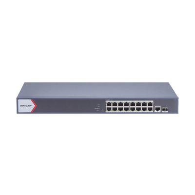 Switch Gigabit PoE+ / Monitoreable / 16 Puertos 1000 Mbps PoE+ / 1 Puerto 1000 Mbps de Uplink / 1 Puerto SFP / Configuración Nube desde Hik-PartnerPro / Modo Extendido hasta 300 Metros / 130 Watts