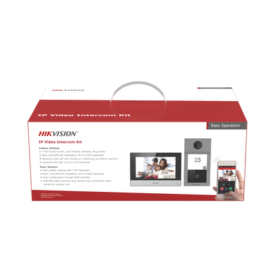 Kit de Videoportero IP PoE Estandar con llamada a App de Smartphone (Hik-Connect) / Apertura con Tarjeta MIFARE / Frente de calle IK08 & IP65 / Soporta 2 puertas