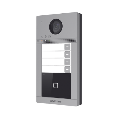 Videoportero IP 2 Megapixel / Llamada y Apertura Remota desde App Hik-Connect (Requiere monitor )/ PoE / Exterior IP65 + Antivandalico IK08 / 4 Departamento / Apertura con Tarjeta / Soporta 2 Puertas y hasta 6 Monitores
