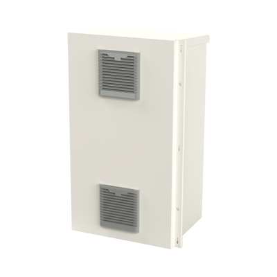 Gabinete Acero Galv. para 2 Baterías PL110D12 (400 x 730 x 300mm). Puerta Ventilada. Acc. para piso o poste No incluidos.