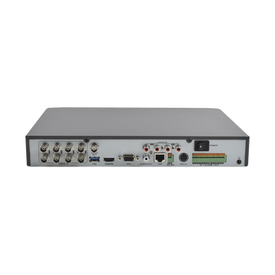 DVR 8 Megapixel / 8 Canales 4K TURBOHD + 8 Canales IP / 1 Bahía de Disco Duro / 4 Canales de Audio / 8 Entradas de alarma / Vídeoanálisis