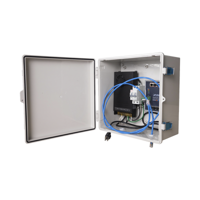 Switch para exterior / 8 puertos Gigabit con 4 puertos PoE 802.3at / Protección térmica 2P, 16A, Corriente Alterna 400 Vca