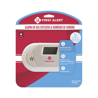 Detector Combo de Combinación de Gases Explosivos: Metano (GN), Propano (LP) y Monóxido de Carbono (CO), Con Pantalla Digital Retroiluminada, 120 Vca y Batería de Respaldo