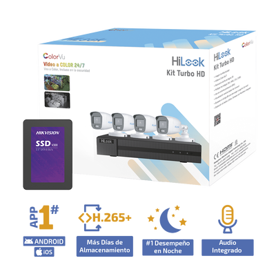 Kit TurboHD 1080p + SSD 1 TB / DVR 4 Canales / 4 Cámaras Bala ColorVu con Micrófono Integrado / Fuente de Poder / Accesorios de Instalación