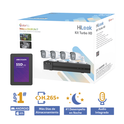 Kit TurboHD 1080p + SSD 500 GB / DVR 4 Canales / 4 Cámaras Bala ColorVu con Micrófono Integrado / Fuente de Poder / Accesorios de Instalación