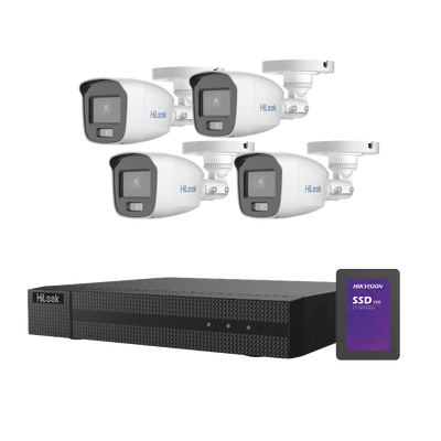 Kit TurboHD 1080p + SSD 500 GB / DVR 4 Canales / 4 Cámaras Bala ColorVu con Micrófono Integrado / Fuente de Poder / Accesorios de Instalación
