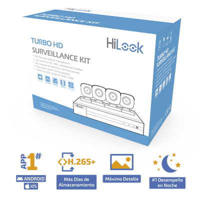 KIT TurboHD 1080p / DVR 4 canales / 4 Cámaras Bala de Metal / H.265+ / 1 Fuente de Poder Profesional / Accesorios de Instalación