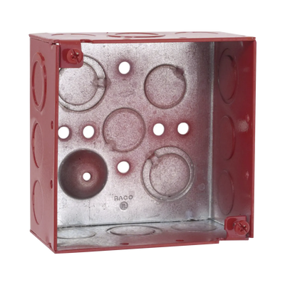 Caja Cuadrada Galvanizada de 4" /Profundidad de 2 1/8" / Cuenta con 11 KO de 1/2" y 6 TKO (1/2" - 3/4")/ Color Rojo.