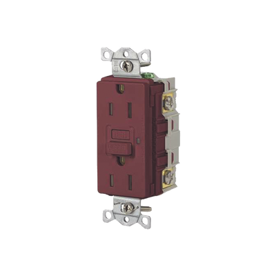Contacto de Auto-verificación GFCI con Interruptor de Falla a Tierra de 15 A 125 V 2 Polos/ Color Rojo / Nema 5-15R / Grado Industrial Comercial.