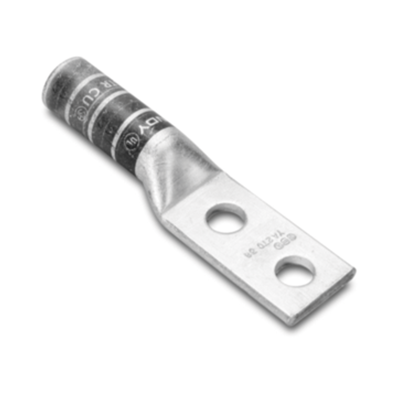 Zapata Terminal de Compresión de Barril Largo con Doble Ojillo para Tornillo 1/4" y Cable 6 AWG / Espaciado de 5/8".