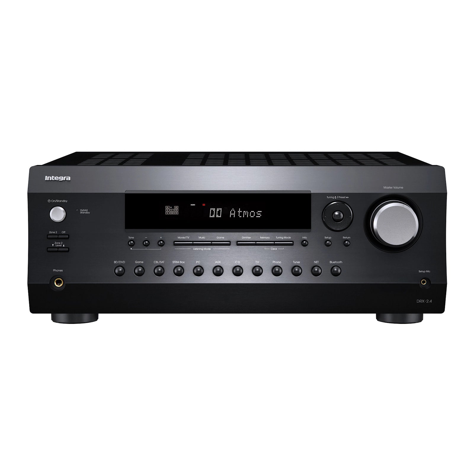 Integra DRX-2.4 Receptor A/V 7.2 ch (90W/ch) con procesamiento Dolby Atmos/DTS:X (5.2.2). Soporte 8K/60p y 4K/120p (HDMI 2.1). Control IP avanzado para integración domótica. Calibración AccuEQ (opción Dirac Live). Ideal para sistemas multizona (Zona 2).