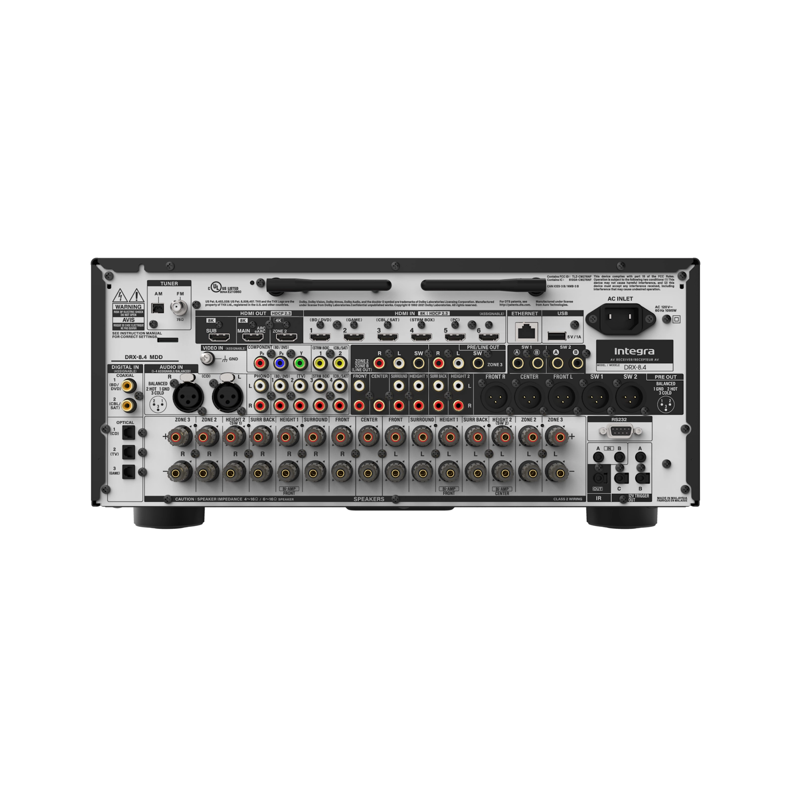 INTEGRA DRX-8.4 Receptor A/V, Receptor THX Certified Select de 11.4 canales (150W/ch) Soporte 8K/60p HDMI 2.1, Dolby Atmos/DTS:X, calibración Dirac Live. Audio audiófilo DAC ESS de 32 bits, Conexión XLR. Solución de integración premium para cine en casa.