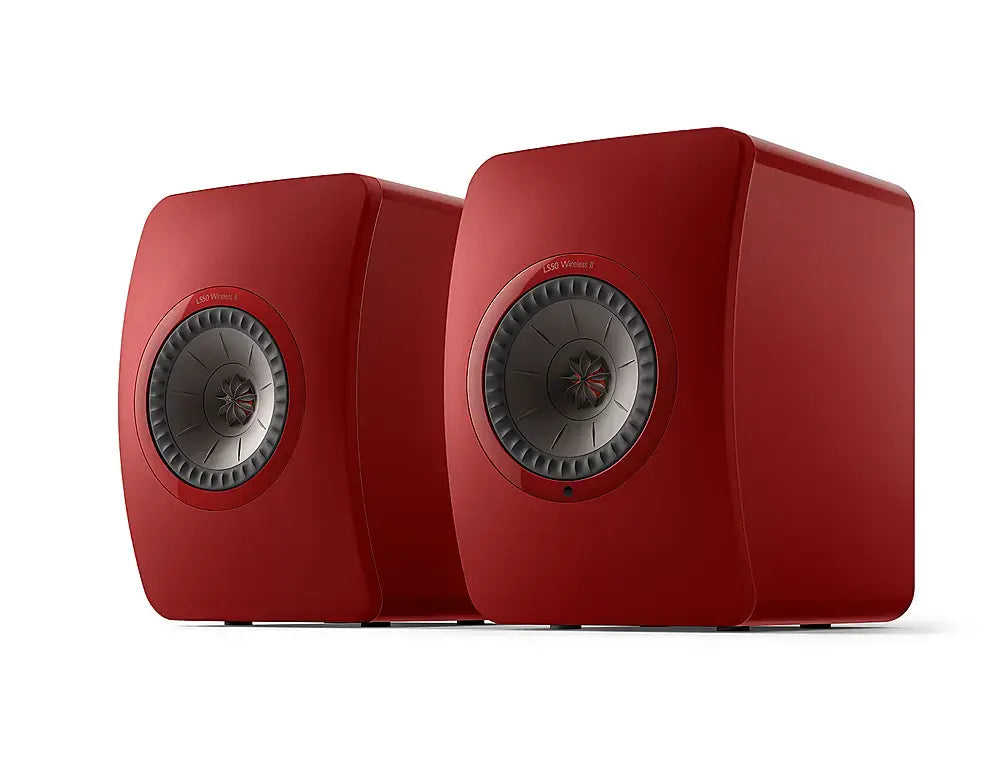 Edición especial KEF LS50 Wireless II Crimson Red, sistema de audio premium de alto rendimiento en color rojo brillante.